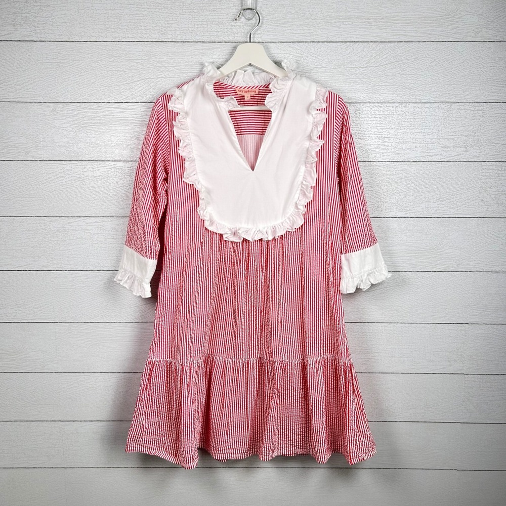 Seraphina London Red White Seersucker Striped Ruffle Bib Mini Dress Small Cotton